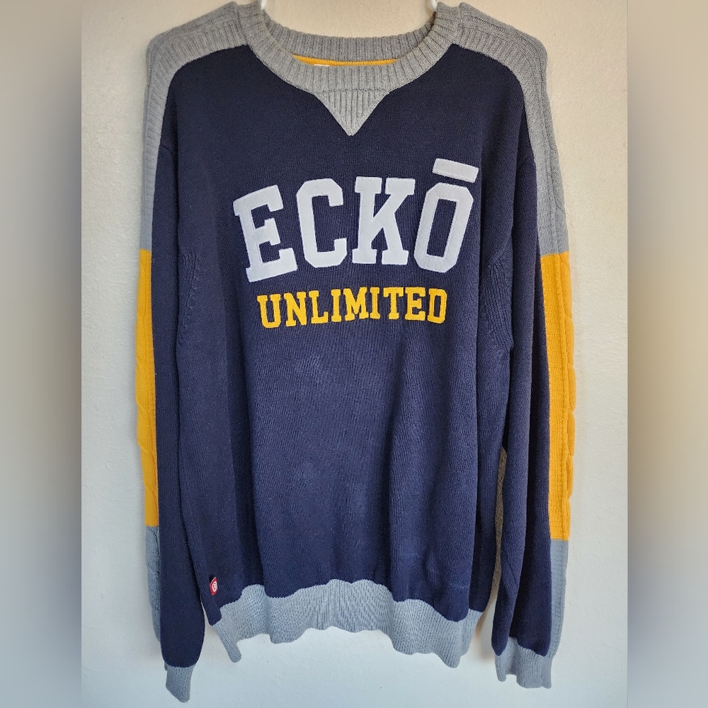 Vintage 90s Ecko Unlimited Knit Sweater Embroidered Colorblock